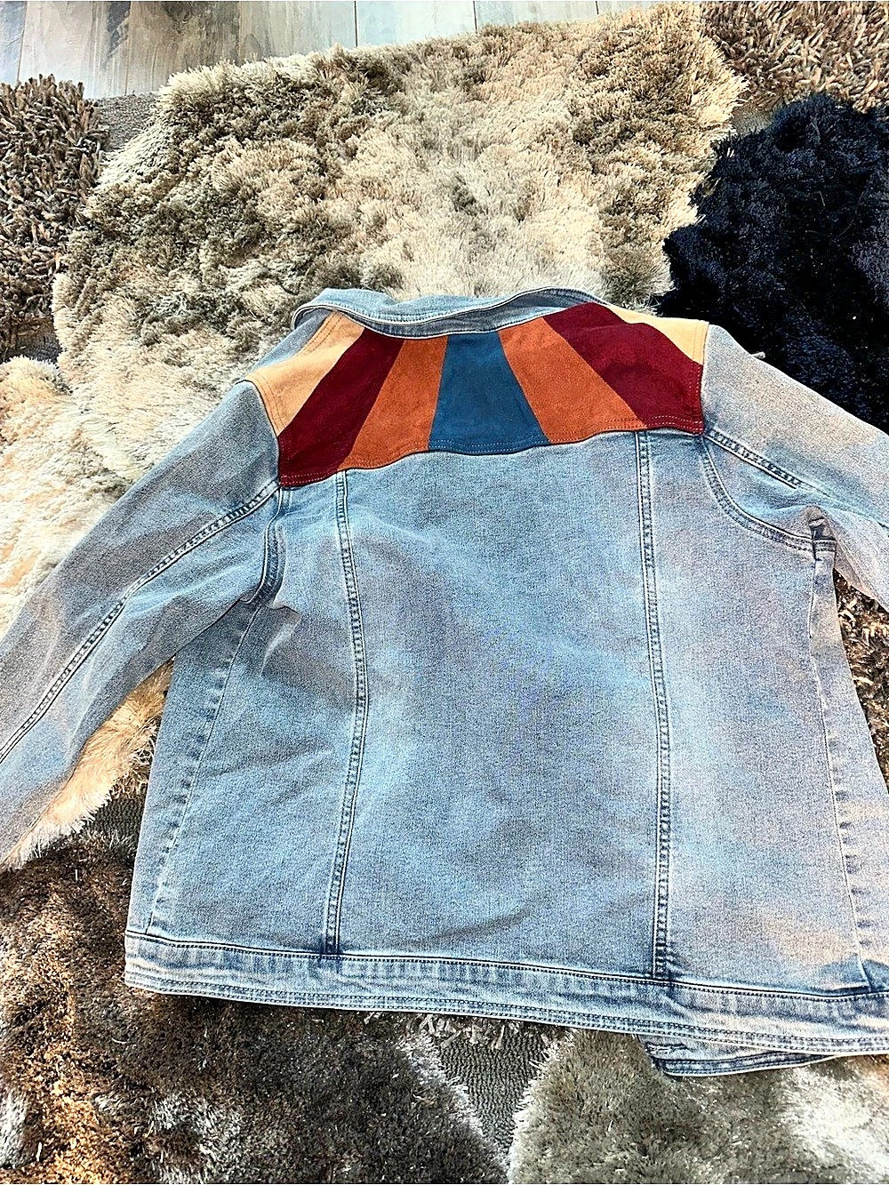 DG2 Denim Jacket L Colorblock Suede Look Back Retro Western Trucker